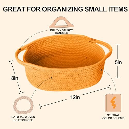 Image of Small Orange Woven Gift Basket, Baskets for Gifts Empty, Cotton Rope Cat Dog Toy Bin Box, Baby Nursery Organizer, Easter Basket with Handle, Shelf Storage Bin, Orange Room Decor, 12 inchx 8 inchx 5 inch