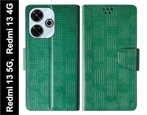 Image of SBMS Flip Cover for Xiaomi Mi Redmi 13 5G / Xiaomi Mi Redmi 13 4G Back Cover Case with Magnatic Closure | Inbuilt Stand | Card & Money Pocket (Mat Green)