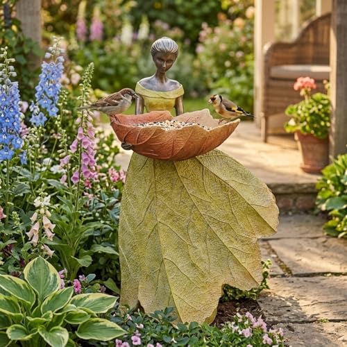 DiliComing Fairy Garden Statue Bird Feeder - 12 Inch Fairy Statue for Home Decoration, Resin Outdoor Statues for Garden Decoration, Best Bird Feeder Garden Gift for Women 12 x 7.5 x 5 Inch(Yellow) by DiliComing - Image 4