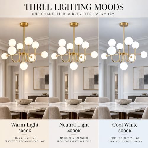 LIGJOY Modern Gold Chandelier Light Fixture,9-Light Sputnik Chandeliers Mid Century Glass Pendant Light Bubble Chandeliers for Dining Room,Kitchen Island,Living Room,Globe Pendant Lighting by LIGJOY - Used condition - Image 3