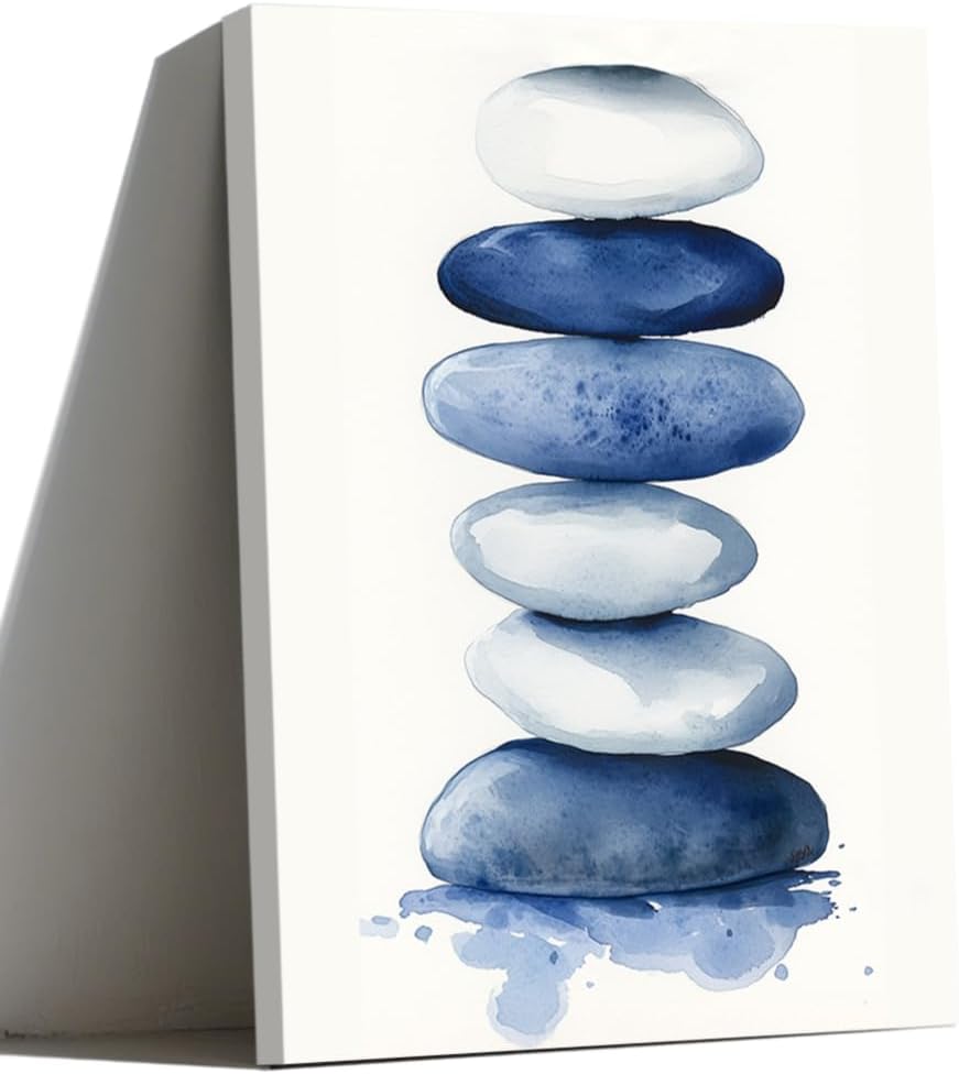 ZQQART Zen Stone Canvas Wall Art Blue and White Zen Stone Paintings Bathroom Pictures Relaxing Spa Meditation Room Spiritual Artwork for Living Room Framed (12W x 18L)