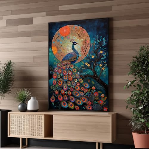 Tableau sur toile paon majestueux de 80x120cm avec cadre intérieur pour décoration