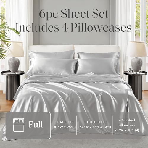 Image of Madison Park Essentials Satin Sheets Full Size Bed Set, 6 Piece, Light Grey | Luxury and Smooth Silky Bedding with Natural Sheen, All Around Elastic 14 inch Pocket fits up to 16 inch Mattress, Year-Round Cozy