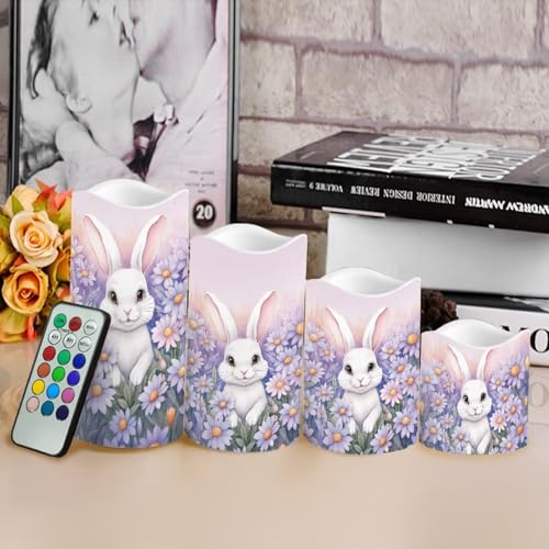 Image of Easter Bunny Daisy Plastic Flameless Candles with Remote Control and Timer LED Flickering Battery Operated Color Changing Electric Pillar Candles Easter Decoration