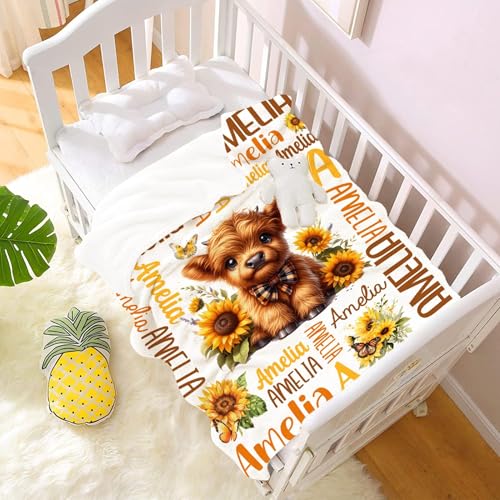 Image of Personalized Cow Sunflower Blanket, Custom Cow Gifts for Kids Adults, Soft Flannel Throws with Floral Print Decoration,40 inchx50 inch