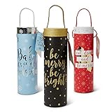 Paper Wine Bottle Gift Bags: Tri-Coastal Design Reusable Christmas Present Bag with Handles and Gift Tag - Single Bottle Wine, Beer or Liquor Tote with Festive Holiday Design - 3 Pack Assorted Bags