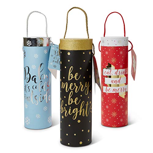 Paper Wine Bottle Gift Bags: Tri-Coastal Design Reusable Christmas Present Bag with Handles and Gift Tag - Single Bottle Wine, Beer or Liquor Tote with Festive Holiday Design - 3 Pack Assorted Bags
