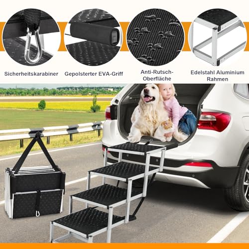 Hundetreppe Für Große Hunde, Extra Breit 4 Stufen Hunderampe Klappbar, Leichte Und rutschfeste Hundetreppe Für Auto, Lastwagen Und SUV, Unterstützung Bis 100 KG