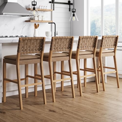 Image of Nathan James Cohen Mid-Century Modern 29 in. Wood Bar Stool, Upholstered Faux Suede Bar Height Stool with Solid Wood Frame, Natural Brown, Set of 4