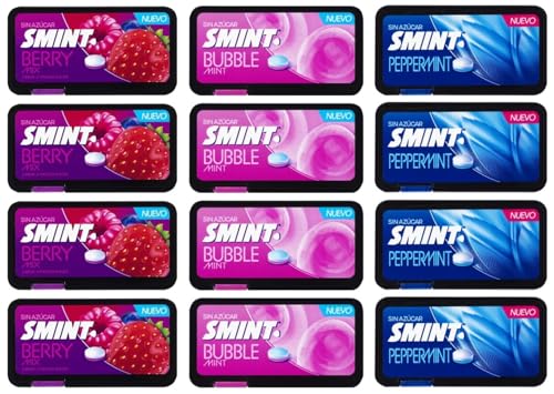 Smint Flat Mix – Bonbons sans sucre – Pastilles goût menthe poivrée, bubble mint et fruits rouges – Pack de 12 boîtes de 21 g – Frais, Gourmand et Sans Calories Ajoutées