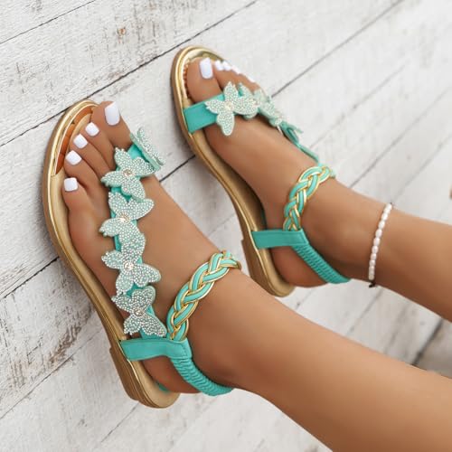 Flat Sandals for Woman Butterfly Rhinestone Fish Mouth Sandals with Elastic Band Beach Sandal 1 Pair4