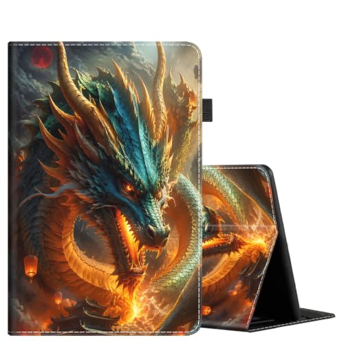 Case for Amazon Fire HD 10 Tablet (7th and 9th Gen, 2017 and 2019 Release), Slim Fit Foldable Standing Cover with Auto Sleep/Wake, Fiery Dragon