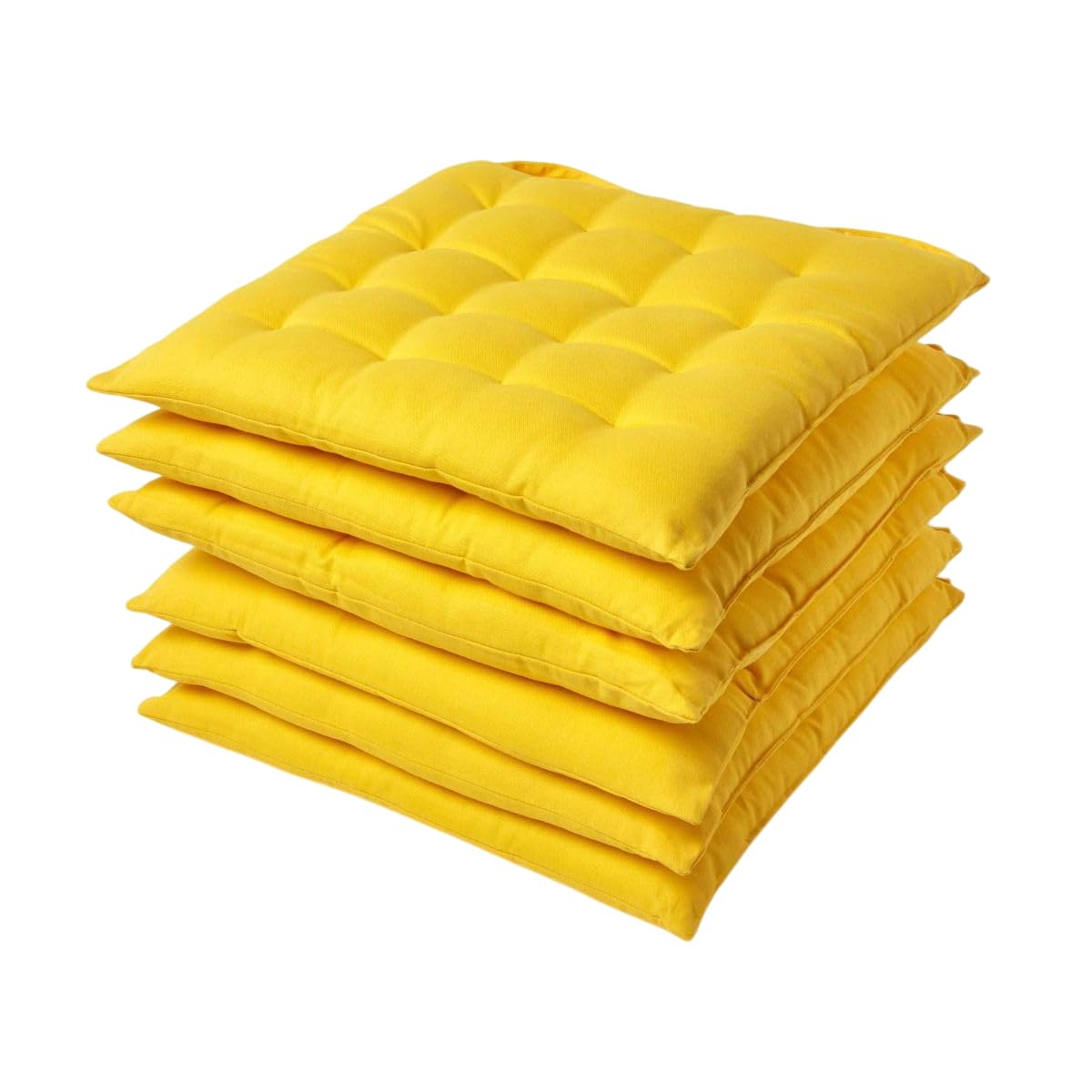 HOMESCAPES Yellow Seat Pads for Dining Chair, Set of 6 100% Cotton Chair Pads with Straps, 40x40 cm