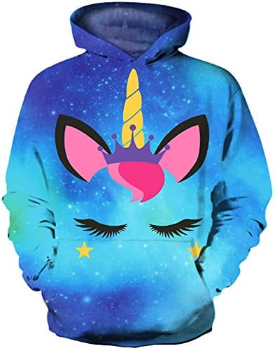 HaniLav Kids Novelty Hoodies 3D Printed Sweatshirt Pullover Pocket,Blue Galaxy Unicorn,7-8T
