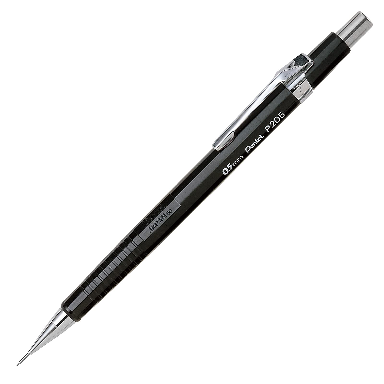 Pentel Lápiz automático Sharp, tamaño de mina de 0,5 mm, barril negro (P205A), caja de 12