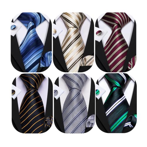 Image of Barry.Wang 6 PCS Men Ties Set Silk Business Fashion Woven Necktie Handkerchief Cufflinks Paisley Stripe Wedding Party