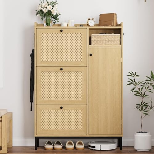 Image of Rattan Wooden Shoe Cabinet, Freestanding 3-Flip Drawer Shoe Storage Organizer, Side Cabinet & Top Fence, Easy Assembly Shoe Rack for Entryway Hallway Living Room, Natural