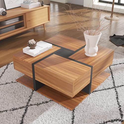 Bgsryao table basse en bois avec espace de rangement et 4 tiroirs, design de lignes uniques, 78 x 78 x 36 cm