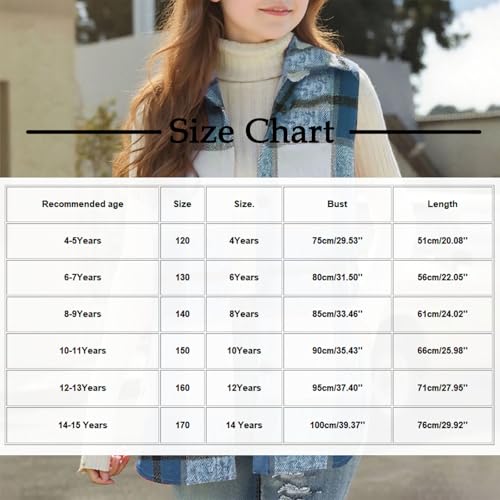 Girls Vest Plaid Fleece Button Down Open Front Sleeveless Jackets Fall Fashion Cute Casual Coat Outerwear Size 10-123