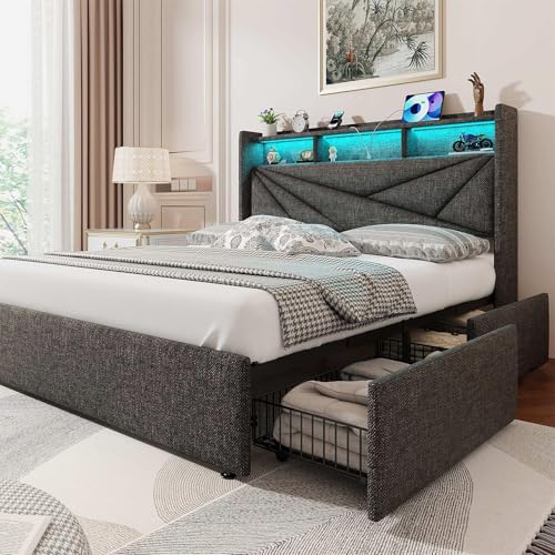 Image of Driftalia Full Size Bed Frame with 4 Storage Drawers, No Box Spring Needed
