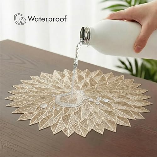 Image of Yellow Weaves 6 Pcs PVC Round Table Placemats, Dining Table Mat, Stain Resistant, Anti-Skid, Waterproof, Washable, Dining, Kitchen, Restaurant Table Set Easy to Clean, Durable (Star Golden)