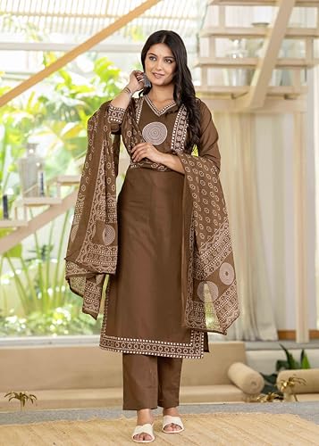 Image of Pistaa's Women's Ethnic Motifs Printed Regular Pure Cotton Kurta with Trousers With Dupatta Set
