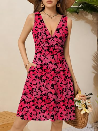 Image of OURIN Women's Spring Deep V Neck Sleeveless Floral Sundresses with Pockets Flowy Summer Dresses for Women