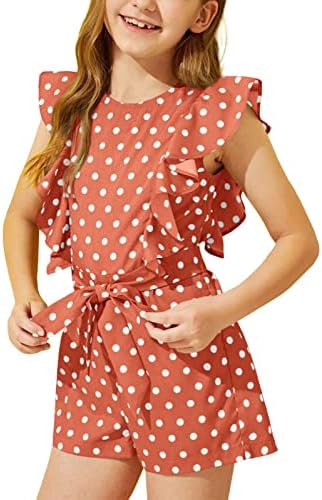 DOBULO Girl's Casual Ruffle Sleeveless Summer Romper Wide Leg Swiss Dots Short Jumpsuits with Belt