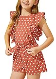 DOBULO Girl's Casual Ruffle Sleeveless Summer Romper Wide Leg Swiss Dots Short Jumpsuits with Belt