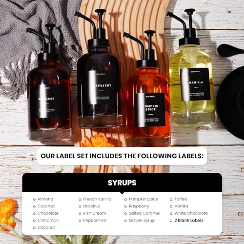 Molimoli Coffee Syrup Dispenser for Coffee Bar, Glass Syrup Bottle w. Pump, Syrup Dispenser Set of 4, w. Labels, Black by Molimoli - Image 4