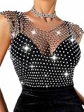Nicute Women Sexy Mesh Rhinestone Top Sheer See Through Crop Top Sparkly White Crystal Bikini Cover Up Nightclub Cropped Tops (Black)
