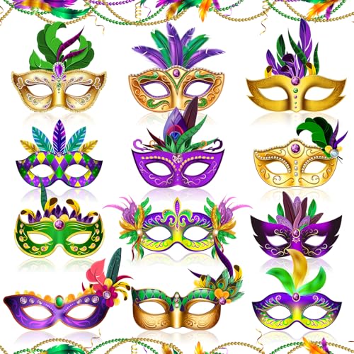 Woosytoo Mardi Gras Mask Paper Carnival Venetian Costume Feather Masks 12 Pcs Purple Green Yellow Masquerade Masks Decorations for Women Men Kids New Orleans Dress Up Mardi Gras Party Supplies