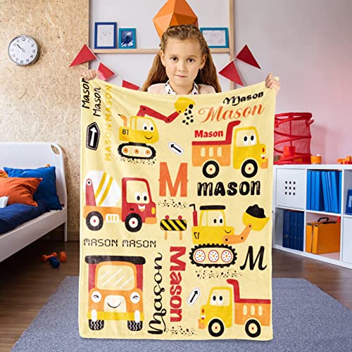 Image of Personalized Construction Blanket with Name for Baby Boy Girl Truck Blanket