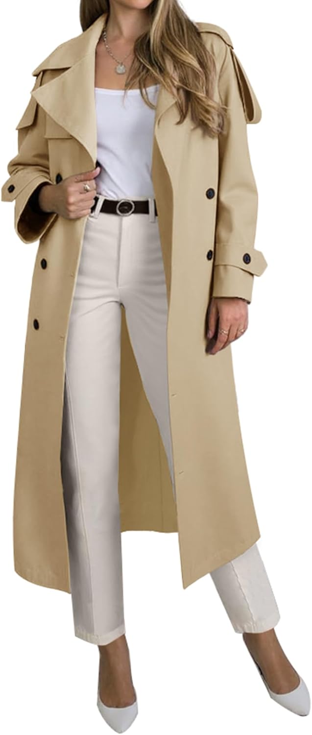 Muchpow Women's Long Trench Coat Double Breasted Lapel Oversized Windproof Overcoat with Belt