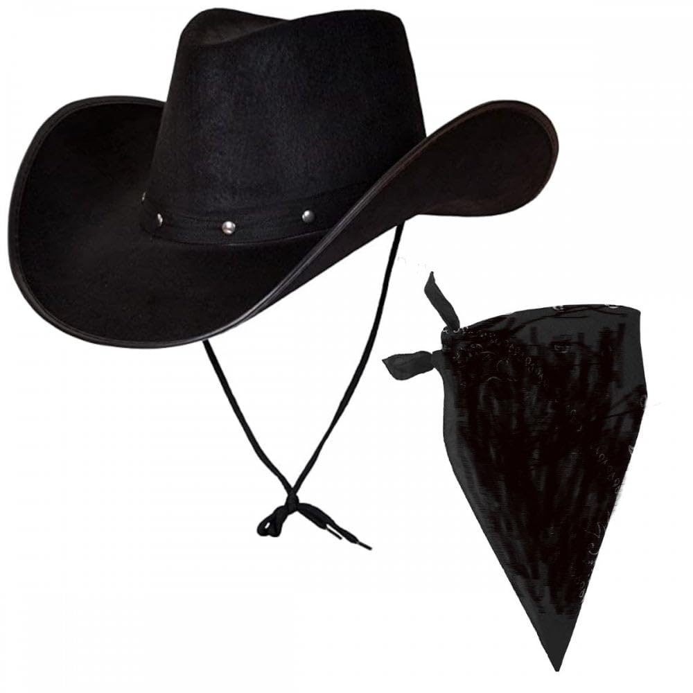 Titch & Timbo Black Texan Cowboy Hat + Bandana Set : Adult Mens Womens Western Wild West Rodeo Barn Dance Cowgirl Music Festival Pop Tour Fancy Dress Accessory (Plain Bandana, Black Bandana)