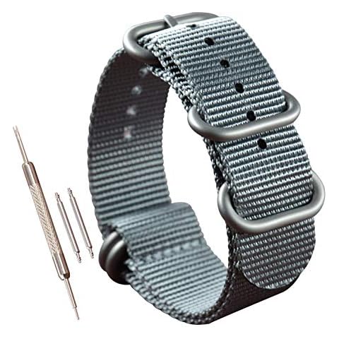 25mm Grey Nylon Watch Strap Men's Watch Band Replacement Matte Finish Buckle 5 Rings Cover