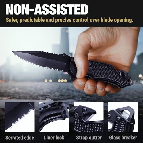 Image of GOOD WORKER Legal Pocket Knife with 2.95 inch Serrated Blade, Glass Breaker, Seat Belt Cutter - EDC Sharp Folding Knives with Portable Clip - Small Tool for Tactical Camping Survival Hiking - Gifts for Men, Women