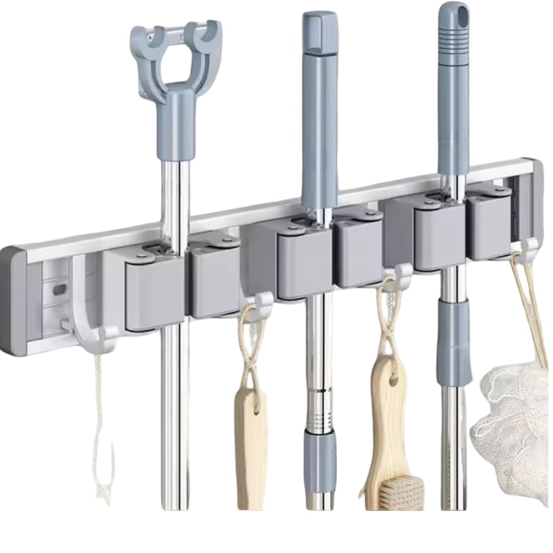 Wall Mounted Mop and Broom Holder with Adjustable Clips and Hooks for Round Rods Space Aluminium Base (3 Slot (40 CM))-image-39