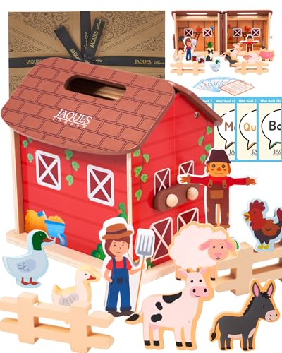 Jaques of London Animal Farm Toy | Wooden Toys Farm Playset with 8 Farm Animals Farmer Barn & Learning cards | Toddler Toys for 1 Year + | Since 1795