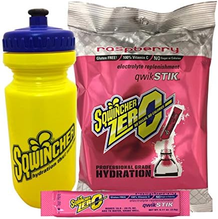 Sqwincher Zero Qwik Stik Raspberry 50 count bag with 21oz bike bottle