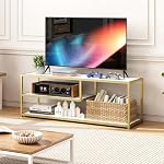 Function Home TV Pour les téléviseurs jusqu'à 55 De pouce, 3 Centre de divertissement Tier, Console multimédia avec étagères de rangement ouvertes pour chambre à coucher salon, 47” Moderne TV Table avec pied en métal doré de marbre faux