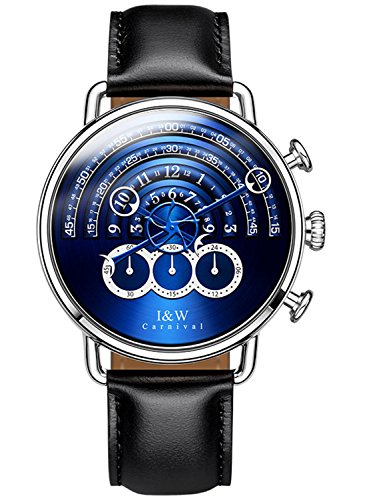 Montre à Quartz de pour Homme avec Grand Cadran et Verre Saphir étanche en Cuir Noir doré Silver Case & Blue dial & Black Strap