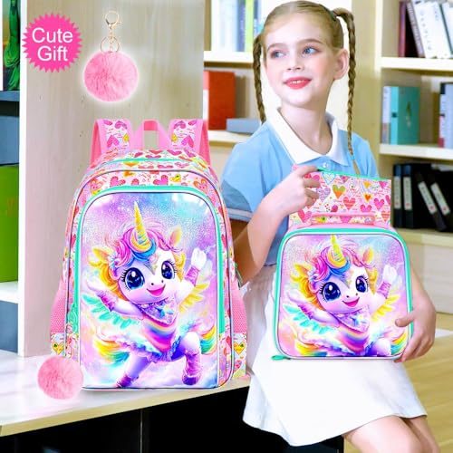 Image of 3Pcs Unicorn Backpack for Girls, 16 inch School Bookbag Set with Lunch Box,Kids Backpacks for Elementary Preschool Kindergarten (Pink)