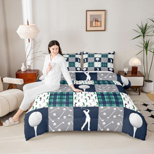 Image of Feelyou Golf Comforter Set King Size Blue Green Plaid Buffalo Check Geometric Bedding Set for Kids Boys Girls Sports Theme Duvet Quilt Bedroom Decor Microfiber 3 Pcs with 2 Pillow Cases