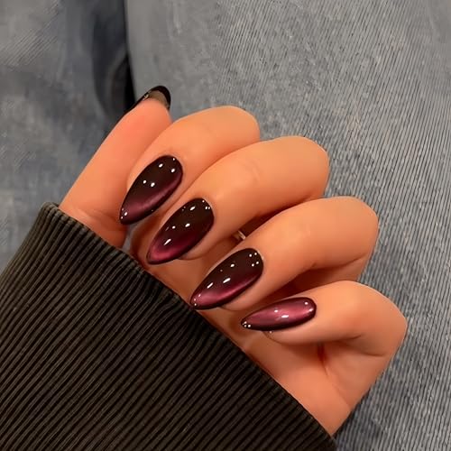 Pink Cat Eye False Nails, SXVME Glitter Black Press on Nails Medium Almond, Sparkly Shiny Fake Nails Natural, Cute Bling Stick on Nails for Women Daily Wear, 30 Pcs