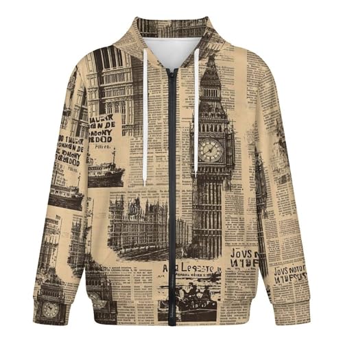 Vintage Old Newspaper Paper London Men's Hoodies with Zipper Lightweight Long Sleeve Casual Sweatshirts4