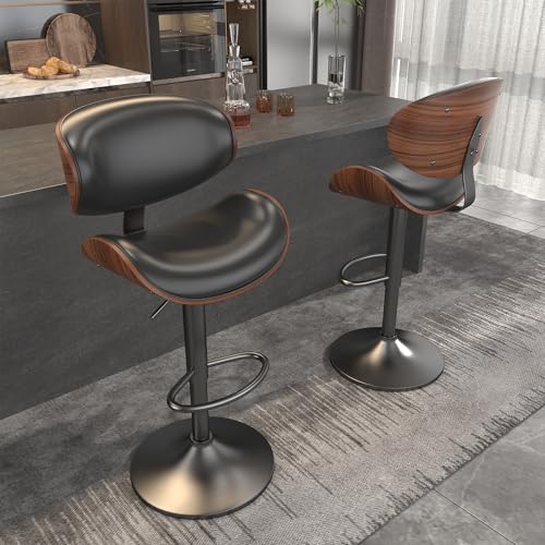 Image of YaFiti Bar Stools Set of 2, Bar Stools for Kitchen Island with Bentwood Back and Leather Seat, Swivel Barstools for Kitchen Counter, Bar, Black