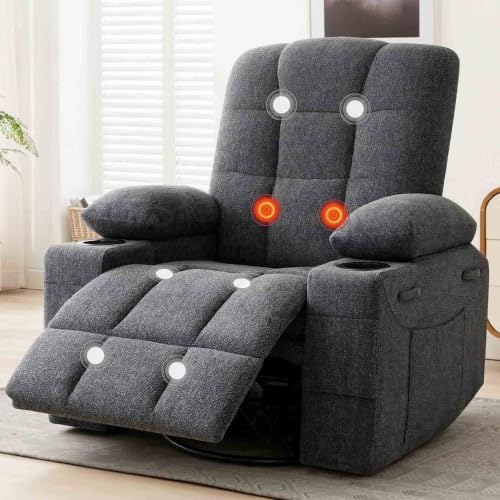 Image of Swivel Rocker Recliner Chair, Recliner Single Sofa with Massage, Manual Nursery Rocking Chair with Side Pockets & Cup Holder, Modern Recliner with Heating for Living Room, Apartment(Dark Gray)