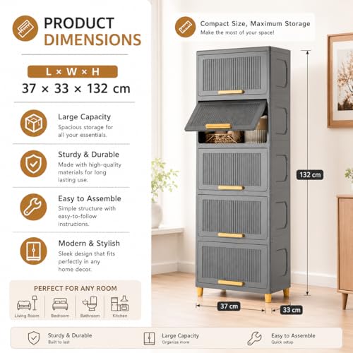 Image of Mevigo Plastic Wardrobe - 5 Tier Cupboard for Storage, Almirah for Clothes, Plastic Cabinet for Storage Box, Wardrobe Organizer for Storage for Kitchen /Bedroom /Living Room -Grey