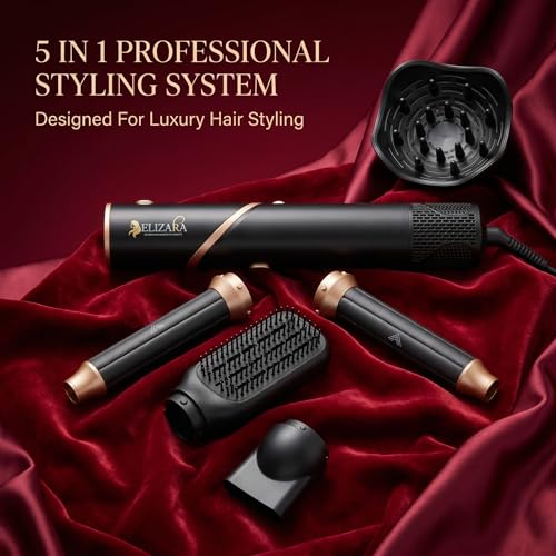 Image of Hair Styler 5 in 1 Hot Air Brush | Blow Dryer Brush | Curling Iron | Straightener Brush & Volumizer | Negative Ion | 3 Heat Settings | Frizz-Free Salon Finish for Women - 1 Year Warranty